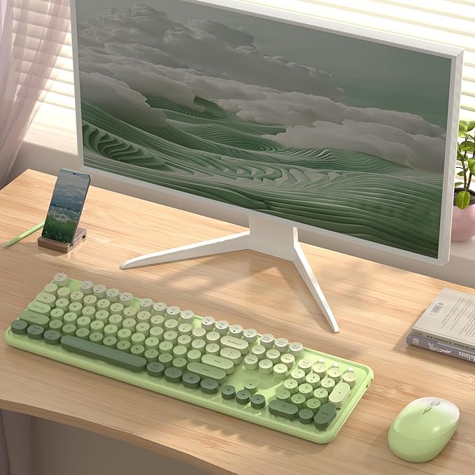 Colorful Wireless Keyboard and Mouse Combo COVEVA 2.4GHz Wireless Retro Cute Round Keycaps Keyboard 104 Keys Full-Sized Keyboard Mouse Set with Switch Button for PC Laptop Desktop (Green Gradient)