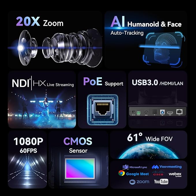 Tenveo NDI PTZ Camera AI Humanoid &amp Face Auto-Tracking HDMI/LAN/USB3.0 PoE PTZ Camera 20X Optical Zoom IP Live Streaming FHD 1080P 60FPS for Church Services Worship Video Conference Live Stream