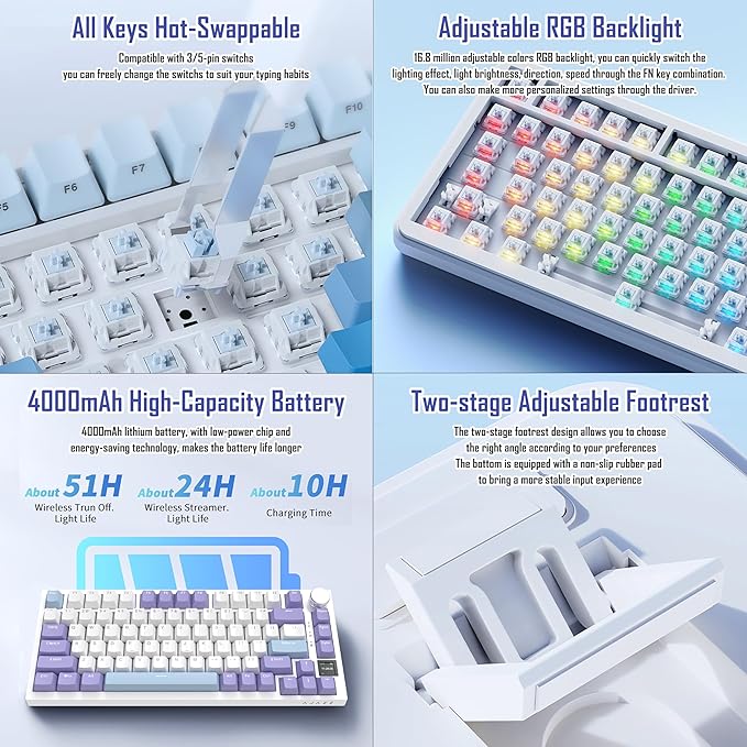 AJAZZ AK820 Pro 75% Gasket RGB Wireless Mechanical Keyboard with TFT Screen Volume knob Bluetooth/2.4G/Wired 3-Modes Compact 82 Hot-Swap Keys Tricolor PBT Keycap 4000 mAh (Purple&ampBlue 3-Modes