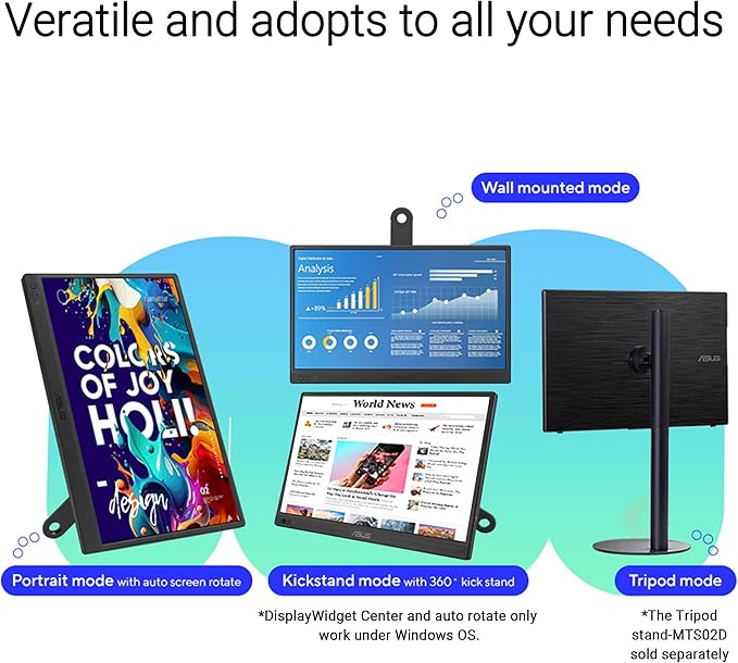 ASUS ZenScreen 16” Portable USB Monitor (MB169CK-P) - Full HD IPS Dual USB-C Eye Care Flicker Free Blue Light Filter Anti-Glare Surface 360° Kickstand 3 yr Warranty