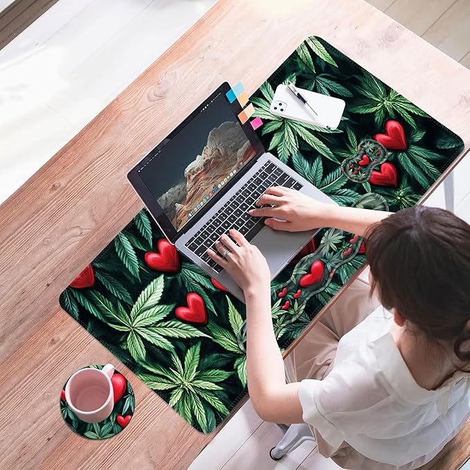 Mouse PadLarge Desk Mat Set 4in1 XL Mousepad + Keyboard Wrist Rest+Mouse Wrist Rest+Coaster with Ergonomic Desk Pad for Home Office Table Computer Cover -Leaves and Red Hearts
