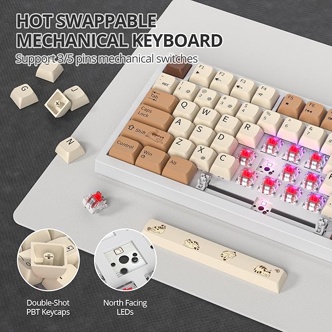 75% Mechanical Gaming Keyboard Coffee Cat Hot Swappable RGB Backlit Cute Keyboard with Knob Gasket Mount USB Wired Key Board 82 Keys Linear Red Switch Keyboards (82 Coffee Cat)