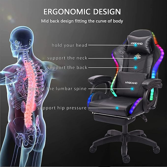 Ergonomic Gaming Chair with Footrest and Lumbar Support Video Gaming Chair with Speaker and LED Light Gaming Chair with Full Massage Function 90°-135° Tilting Computer Chair.Black