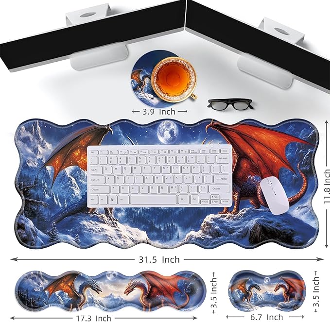 Large Gaming Mouse Pad Keyboard Wrist Rest Pad &amp Wrist Support Mousepad Set Stitched Edge Extended Non-Slip Base Memory Foam Desk Mat for Office HomeCool Dragon