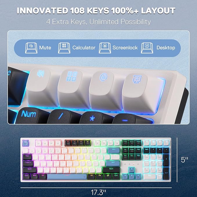 Redragon K668 Wired Gasket RGB Gaming Keyboard 108 Keys Mechanical Keyboard w/Extra 4 Hotkeys Upgraded Hot-swappable Socket Sound Absorbing Foam Mixed Color Keycaps Custom Linear Switch