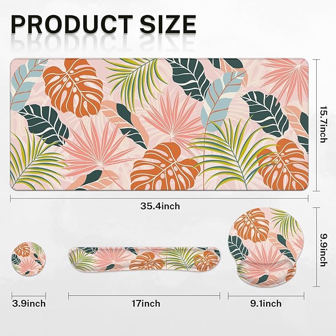 Britimes Bohemian Palm Leaf Keyboard Mouse Pad Set 4in1 Large Mousepad+Keyboard Wrist Rest+Mouse Wrist Rest+Coaster Set with Ergonomic Design for Home Office Computer 35.4x15.7 inches