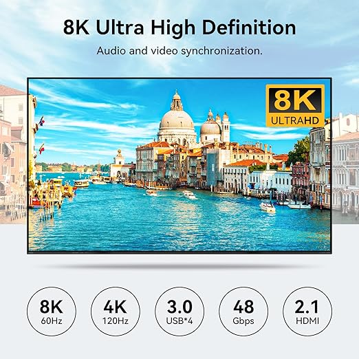 8K@60Hz HDMI KVM Switch 3 Monitors 2 Computers 4K@120Hz USB 3.0 KVM Switches for 2 PC Share Triple Monitor and 4 USB Ports Supports Extended&ampCopy Mode.Wired Controller DC 12V/1A Adapter Included
