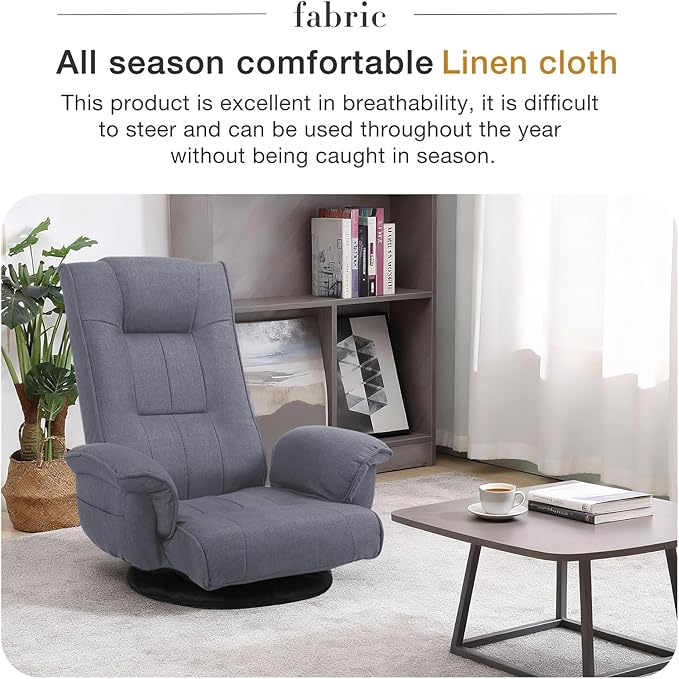 Ergonomic Swivel Floor Gaming Chair with Armrests &amp Side Pockets 6-Position Reclining Sofa Bed Foldable Padded Lounger with Thick Cushion &amp Lumbar Support for Esports Reading TV Watching (