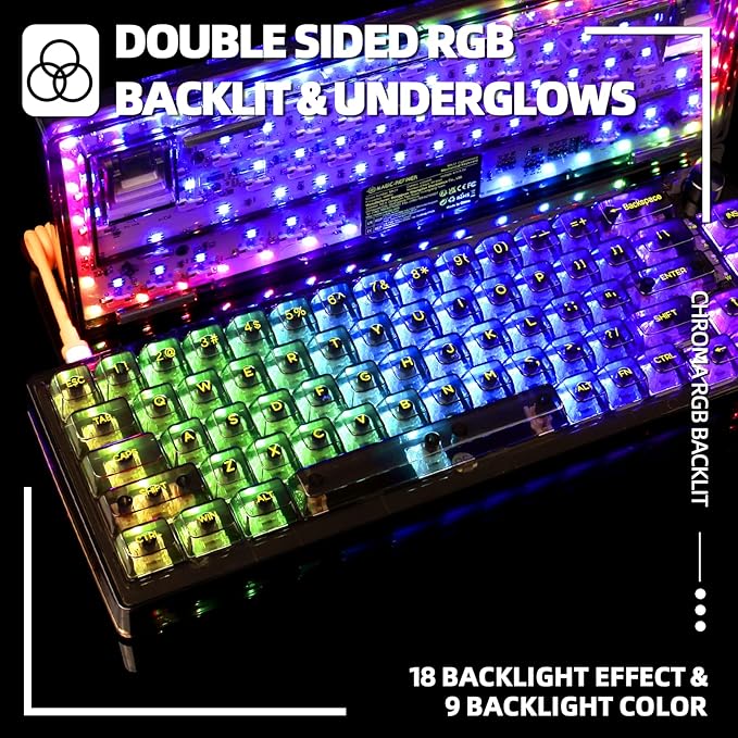 65% Hot-Swap Wired Mechanical Gaming Keyboard Programmable with Transparent 66 Key Full Side RGB OWERTY Linear Ice White Switch Custom Coiled C to A Cable Media Knob 2-IN-1 Case for WIN/PC/MAC(Black)