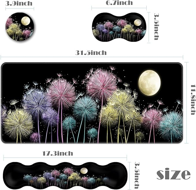 Ergonomic Keyboard Wrist Rest &amp Mouse Pad Wrist Rest SetXL Gaming Desk Mat 31.5x 11.8Non-Slip BaseMemory FoamEasy Typing Pain Relief for Office &amp HomeColorful Dandelions