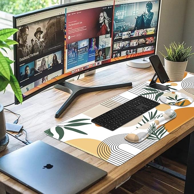 iCasso Mouse Pad and Keyboard Wrist Rest Set 4in1 XXL Large Mousepad +Keyboard Pad+Mouse Wrist Rest+Coaster with Wrist Support Ergonomic Desk Pad Mat for Home Office Table Computer-Elm Leaf