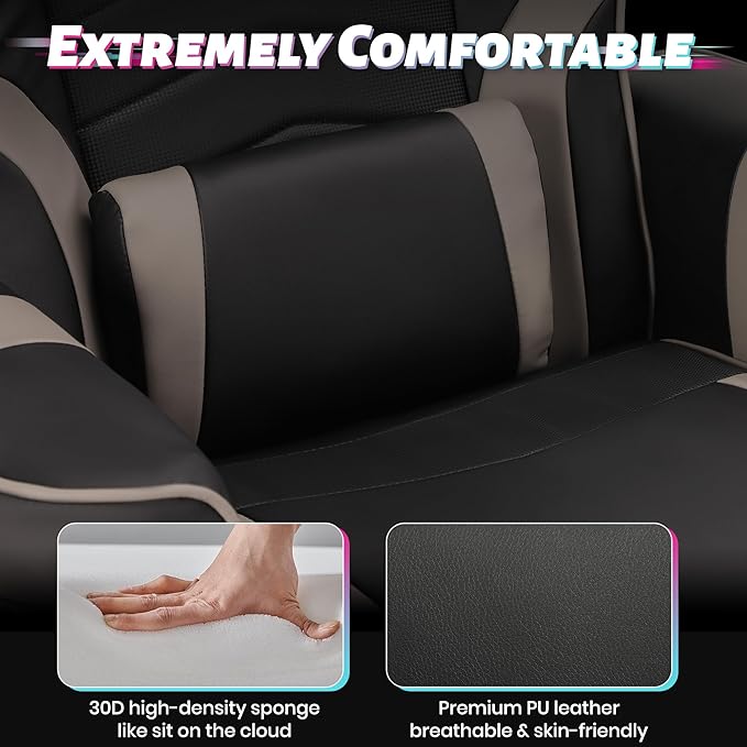 Game Reclining Chair with Adjustable Height PU Gaming Chair with Massage Long Footrest and Lumbar Support High Back Swivel Computer Game Chair for Adult (Gray)