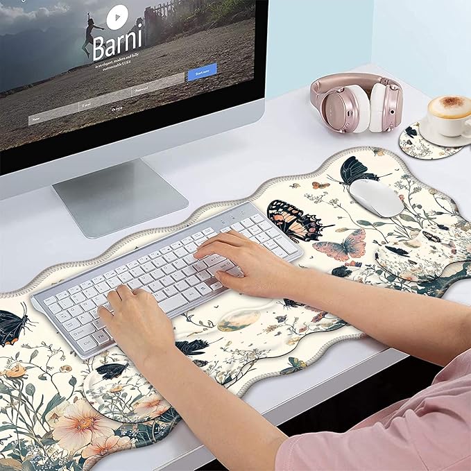 Bxgolkgd Desk Mat SetMouse Pad with Keyboard Wrist Rest &amp Mouse Wrist RestWave-Shaped DesignNon-Slip Rubber BaseErgonomic Desk Mat for HomeOfficeGamingFlower Butterfly