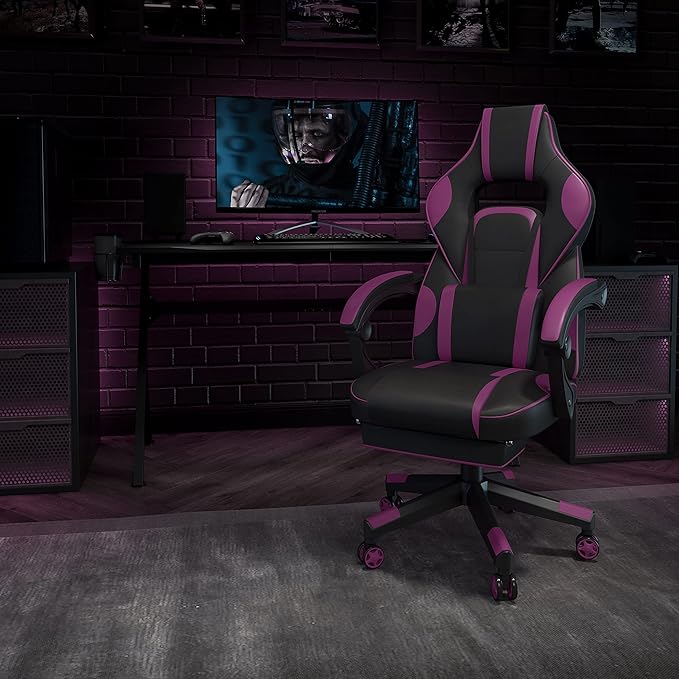 EMMA + OLIVER Black/Purple Ergonomic Gaming Chair -Recline Back/Arms Footrest Massaging Lumbar