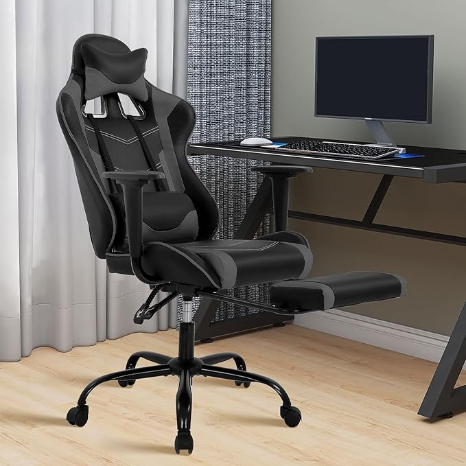 Gaming Chair High Back PU Leather Gaming Chairs Computer Chair with Headrest &amp Lumbar Support Height Adjustable Wide Seat Gamer Chair Gaming Chairs for Adults Game Chair with Footrest &amp Arm