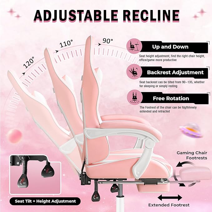 Homall Gaming Chair Video Game Chair with Footrest and Massage Lumbar Support Ergonomic Computer Chair Height Adjustable with Swivel Seat and Headrest (Pink)