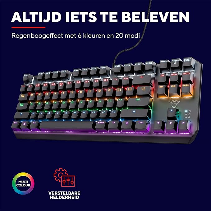 Trust Gaming GXT 834 Callaz TKL Mechanical Keyboard US/NL QWERTY Layout Outemu Switch Multicolor LED Lighting 12 Media Keys USB Gaming Keyboard 80 Percent for PC Laptop Mac Black