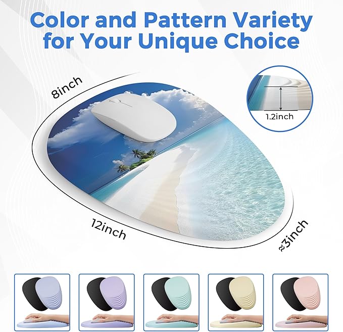 Ergonomic Mouse Pad with Wrist Support Memory Foam Wrist Rest for Pain Relief &amp Carpal Tunnel Non-Slip Base for Office Computer PC Laptop (12x8x1.2inch Maldive Beach)