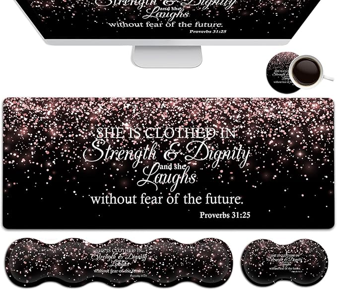 Large Mouse PadErgonomic Mouse Wrist Support+Keyboard Wrist Rest Set+Extended Gaming Mouse Pad Proverbs 31:25 Bible Rose Gold Office Desk Mat Writing Mat Laptop Protector Accessories Black Desk Pad