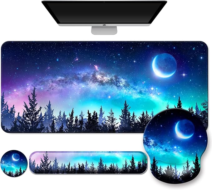 Mouse Pad + Desk Mat + Keyboard Wrist Rest + Coaster 4 in 1 Set Cute Ergonomic Large Gaming Mousepad with Wrist Rest Support Desk Pad for Computer Laptop Office Home Decor-Forest Moon