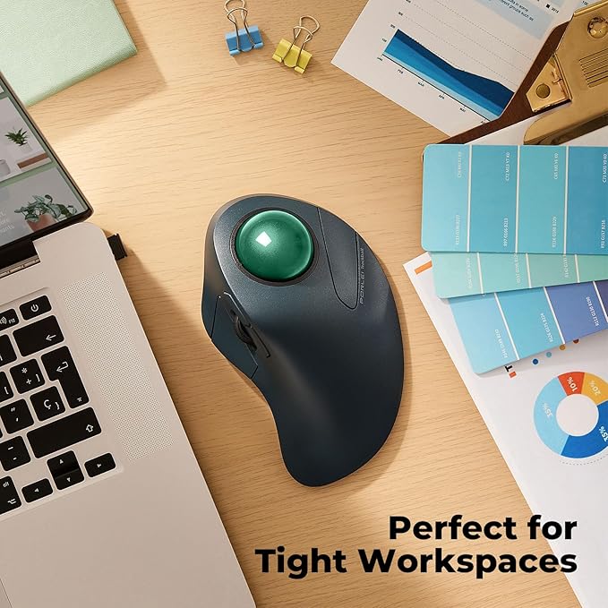 Wireless Trackball Mouse for Large Hands Ergonomic Index Finger Control Rechargeable Bluetooth/USB Mouse with Precise Smooth Tracking Multi-Device Connection for Windows &amp Mac Green