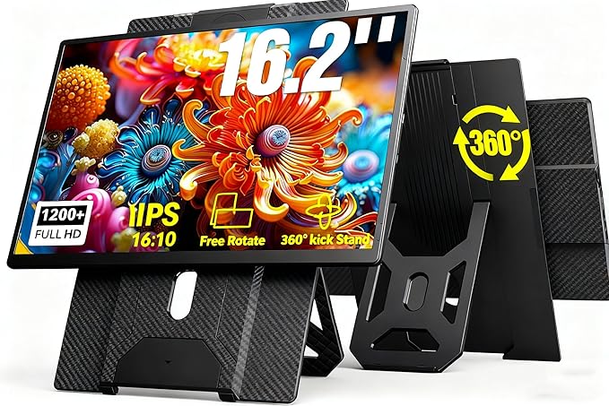 16.2 Portable Laptop Monitor Extender 1200P HDR Screen with 360° Rotation Ultra-Light Travel Second Screen Plug &amp Play via Mini HDMI/Type-C Compatible with Windows/Mac/PS5