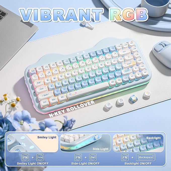 YUNZII C75 Wireless Mechanical Keyboard75% Layout Hot-Swappable NKROBT5.0/2.4G/USB-C ModeDye-Sub PBT MOA KeycapsRGB Gasket MountCute Cake Design for Mac/Win/Gaming (Blue Candy Switch)