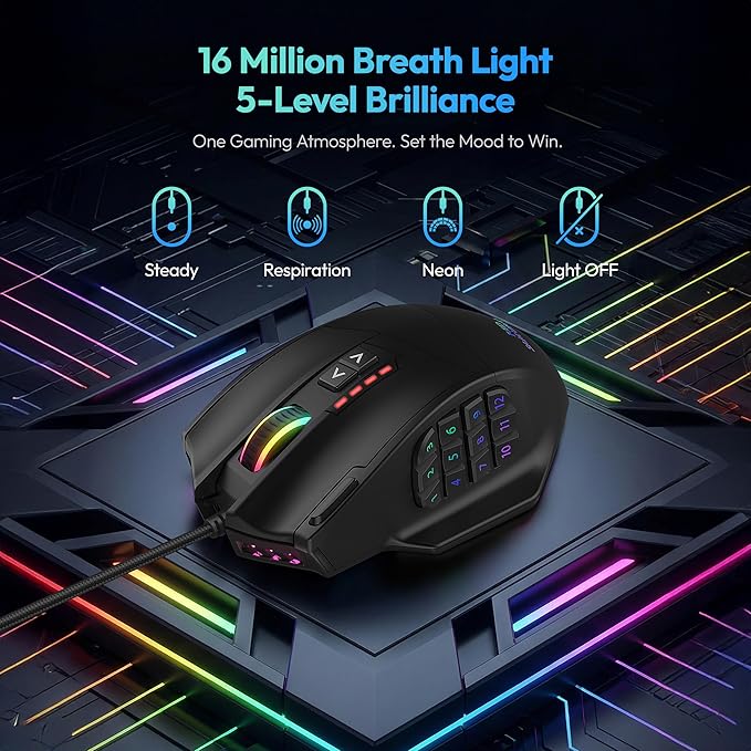 RED SAMURAI Wired Gaming Mouse MMO Gaming Mouse 16400DPI 18 Macro Programable Buttons Ergonomic RGB Wired Mouse with 12 Side Buttons Weight Adjustable Stable Grip Compatible for MMO/FPS/MOBA