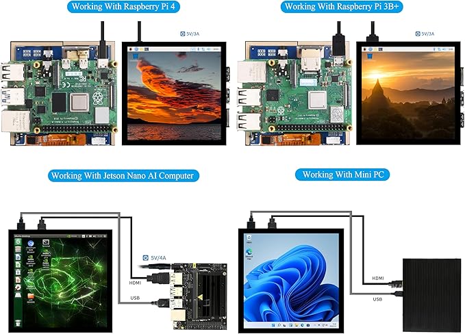4inch HDMI LCD Square Capacitive Touch Screen Compatible with Raspberry Pi 5/4B/3B+/3B/2B/Zero/Zero W//Zero 2W/Jetson Nano/Windows 11/10/8.1/8/7 720x720 Resolution IPS Display USB-C Port