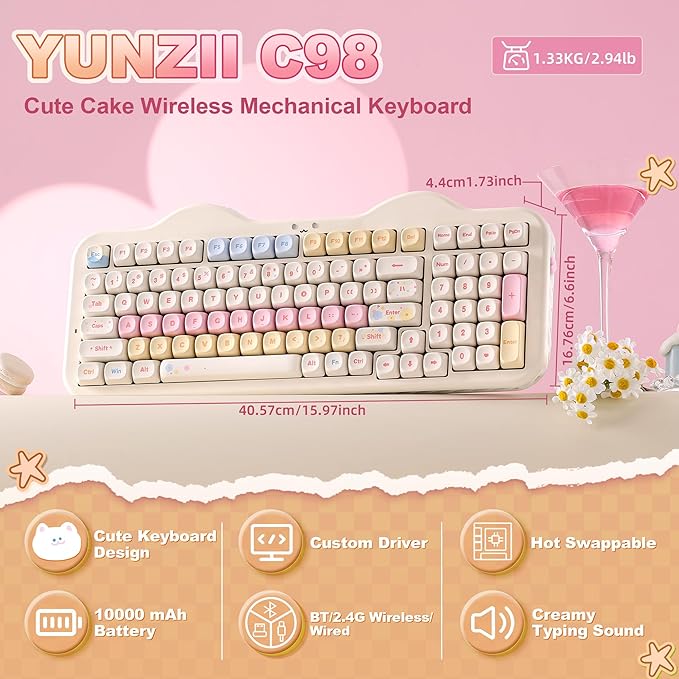 YUNZII C98 Wireless Mechanical Keyboard with Number Pad99 Key BT5.0/2.4G/USB-C Hot Swap Gasket Mount with PBT MOA KeycapsCustom RGBCute Cake Keyboard for Win/Mac (Beige Milk V2 Linear Switch)