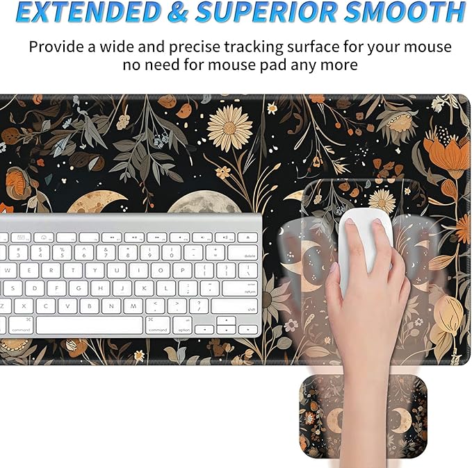 Wrist Rest Pad Small Mouse Pad and Office Desk Mat Set 3 in 1 Desk Pad 11.8 x 23.6+Mousepad +Mouse Wrist Rest with Ergonomic Design Non-Slip for Home Gaming Computer Flower Moon