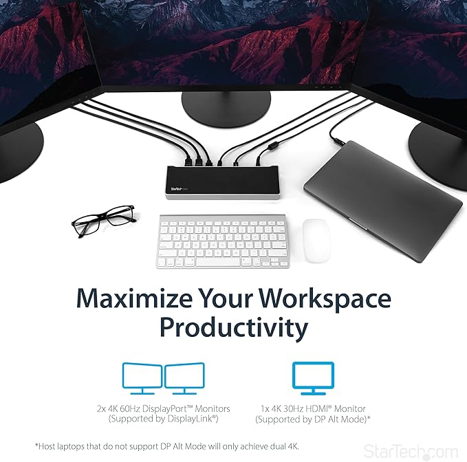 StarTech.com USB-C Triple Monitor Docking Station for MacBook Pro / Air M1 M2 M3 M4 &amp Windows Universal 4K HDMI DP Dock Thunderbolt Compatible 100W Laptop Charging - TAA Black Silver