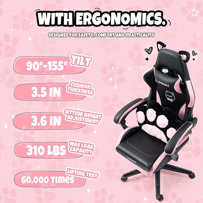 Black Cute Cat Gaming Chair with Paw Lumbar Cushion Ergonomic High-Back Gamer Chair for Boys and Girls Adjustable PC Video Game Chair for Bedroom Study Home Office