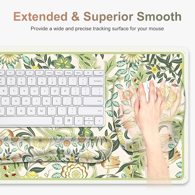 4 in 1 Large Mouse Pad Keyboard Wrist Rest Set Ergonomic Mouse Pad with Wrist Support Desk Mat with Stitched Edges Extended Desk Pad Waterproof Desk Mat for Home Office Game I Green Flower Plants