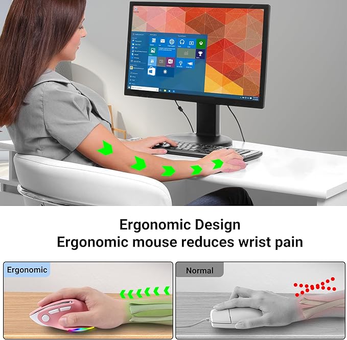 Ergonomic Mouse JigglerBluetooth Vertical Wireless MouseLED Rechargeable Optical Computer Mice Portable(BT5.2 or USB 2.4GHz) Dual Mode1000/1600/2400 DPI8 Buttons for LaptopPCMacbook (pink)