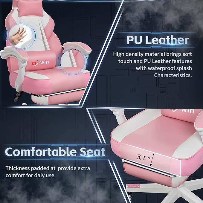 Video Gaming Chairs for Adults Gamer Chair with Footrest High Back Big and Tall Gamer Chair‘s with Massage Lumbar Support 360° Swivel Height Adjustable Computer Chaires Pink