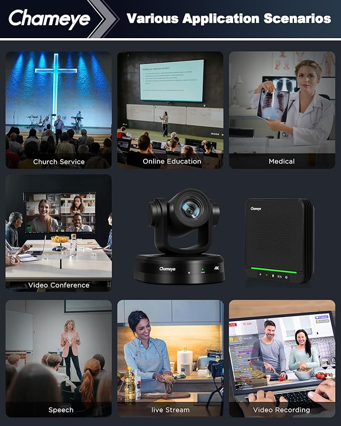 Chameye 4K Video Conference Room Camera AI Auto Tracking PTZ Camera 4K 20X Zoom LAN HDMI USB3.0 PTZ Cam and Bluetooth Conference Speaker&ampMicrophone Bundle for Large Remote Meeting CB201 Black