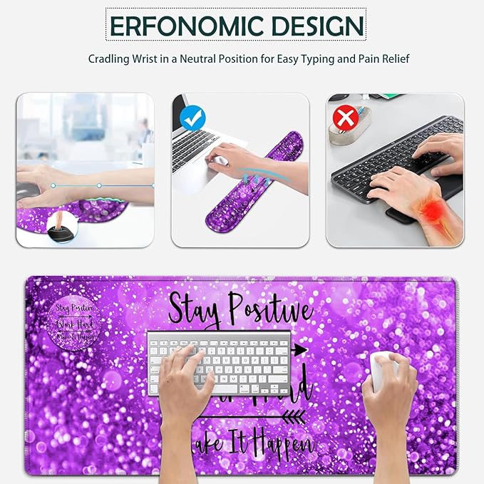 Large Mouse Pad Ergonomic Mouse Pad with Wrist Rest and Keyboard Wrist Rest 4 in 1 Set 31.5 x11.8 inch Extended Desk Pad for Home Office Work Hard Quotes Purple Gradient Gilt XXL Gaming Mouse Mat