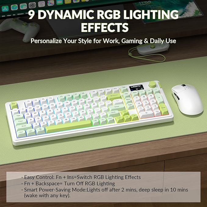 L98 Wireless Gaming Keyboard Green Cute Creamy Keyboard with Number Pad Tri-Mode BT5.0/2.4GHz/USB-C RGB Backlit Quiet Office Computer Keyboards for PC Mac Laptop (Green White)