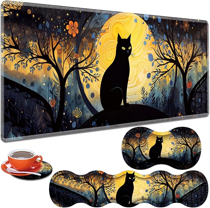 Large Gaming Table Pad 31.5 x 11.8 + Keyboard Wrist Pad + Mouse Wrist Pad + Coaster Non-Slip Base 4-in-1 Set Ergonomic Memory Foam Easy Typing Pain Relief Sky Cat