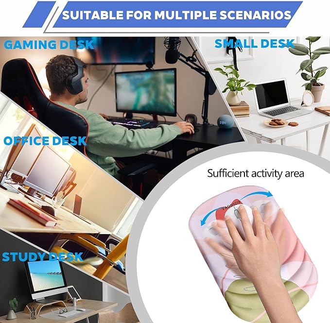 Ergonomic Mouse Pad with Wrist Rest Milk Silk Fabric Durable Silicone Filling Non-Slip Pu Base Massage Design Pain Relief Mousepad for Wireless Mouse and Desk 12x8inch Pink Tulip