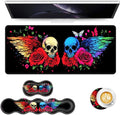 Keyboard Mouse Pad Set Extended Gaming Mouse Pad+Ergonomics Keyboard Wrist Rest Support Memory Foam Easy Typing Pain Relief 4Pcs XL Ultra Thick Desk MatRainbow Skulls Wings Roses