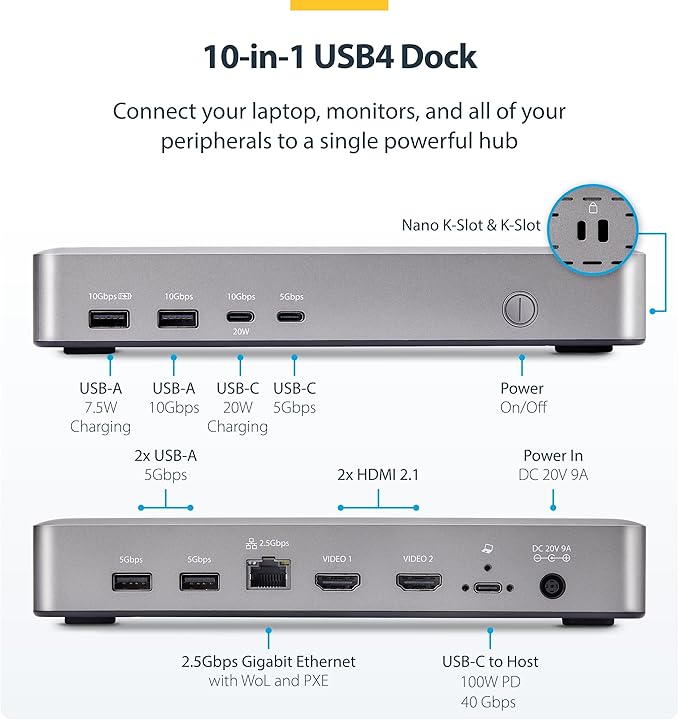 StarTech.com USB-C Docking Station (10-in-1 USB4) Up to 100W Charging for Laptop 40Gbps Data Transfer 2.5Gb Ethernet Single 8K Dual 4K Display 6X USB (Not MacOS Compatible)