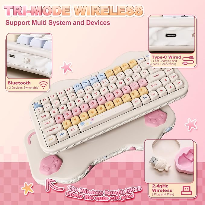 YUNZII C75 Wireless Mechanical Keyboard75% Layout Hot-Swappable NKROBT5.0/2.4G/USB-C ModeDye-Sub PBT MOA KeycapsRGB Gasket MountCute Cake Design for Mac/Win/Gaming (Beige Milk V2 Switch)