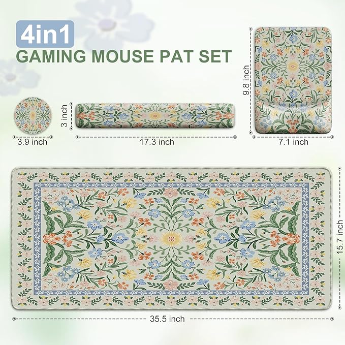 iCasso Mouse Pad with Wrist RestLarge Desk Mat SetErgonomic Keyboard Pad with Wrist SupportNon-Slip Mouse Mat for WomenCute Floral Computer Mat for Home Office Gaming (Green Floral)