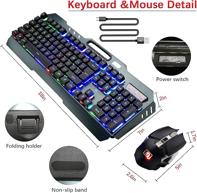 Wireless Gaming Keyboard and Mouse Combo61 Key Rainbow Backlit Keyboard with Rechargeable 3800mAhMechanical FeelErgonomicQuietWaterproofRGB Mute Mice for PS4Xbox OneDesktopPC