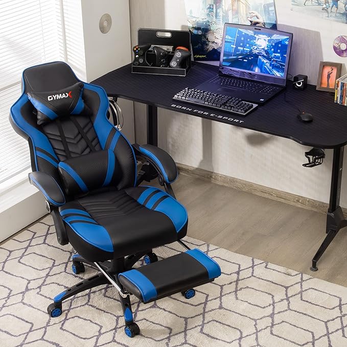 GYMAX Gaming Chair Ergonomic Computer Chair with Footrest Linkage Armrests &amp Lumbar Cushion Big Wide High Back Video Gaming Chair Reclining Office Rolling Chair for Adult/Teens (Blue)