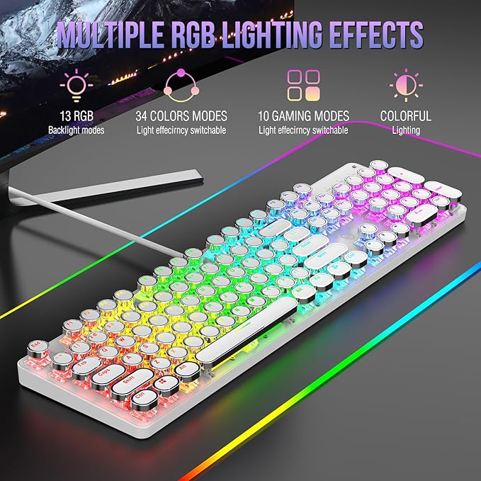 Typewriter Mechanical Gaming Keyboard with RGB Backlit Red Switches 104 Keys Retro Round Keycap Wired Typewriter Style Comfortable Typing Soud (White RGB)
