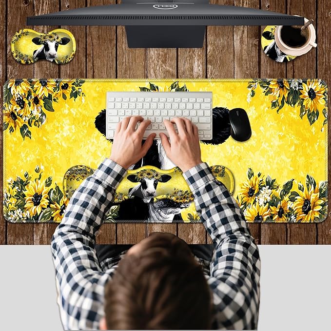 Ergonomic Keyboard Wrist Rest &amp Mouse Pad Wrist Rest SetXL Gaming Desk Mat 31.5x 11.8Non-Slip BaseMemory FoamEasy Typing Pain Relief for Office &amp HomeCow with Sunflower Crown