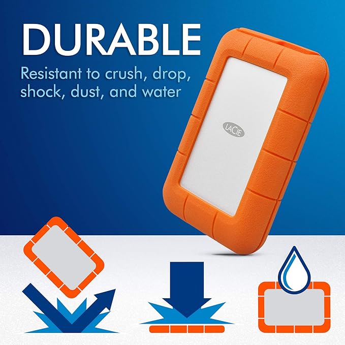 LaCie Rugged Thunderbolt USB-C 5TB External Hard Drive Portable HDD – USB 3.0 compatible Drop Shock Dust Water Resistant 1 Mo Adobe CC (STFS5000800)